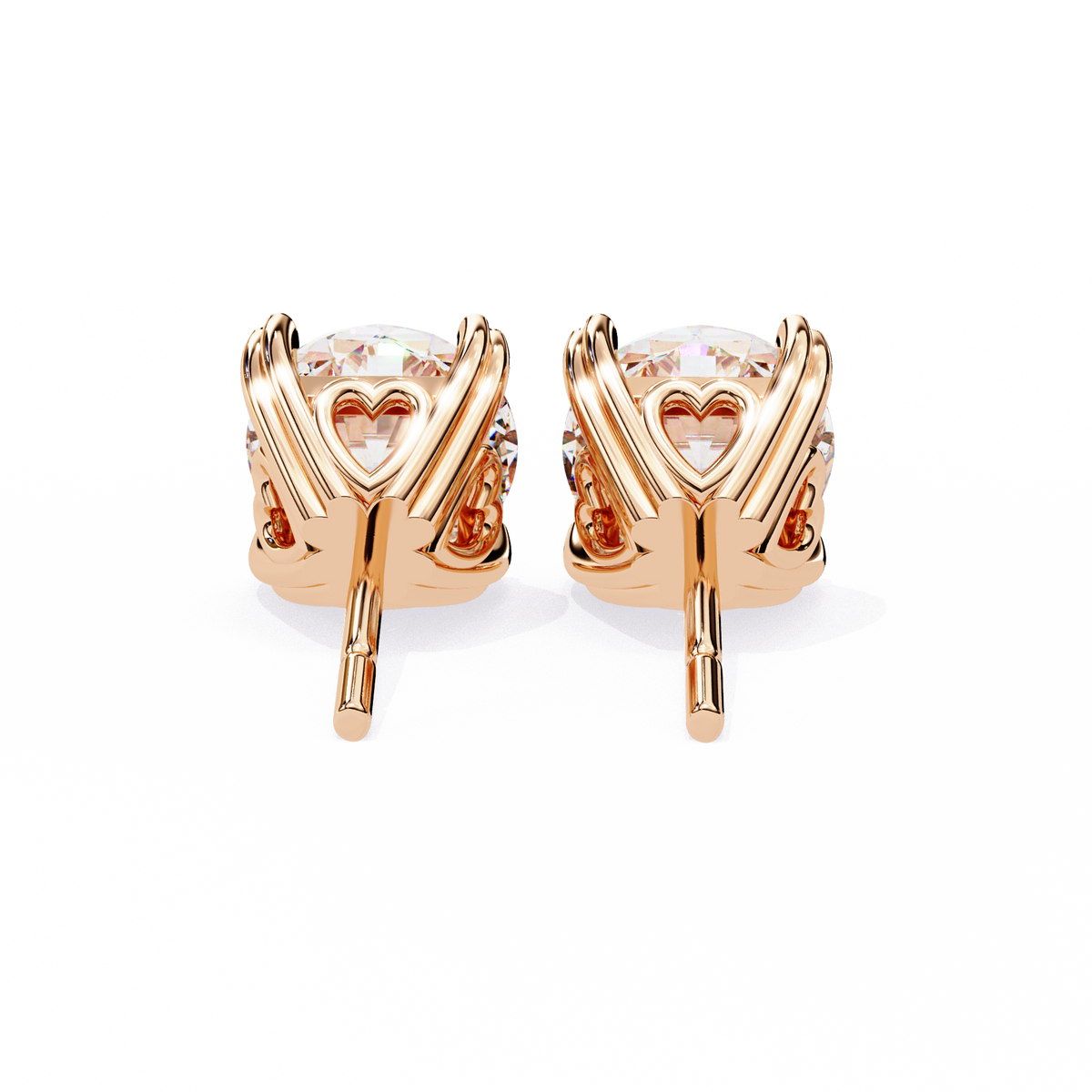 Rose Gold Heart Basket Solitaire Diamond Stud Earrings