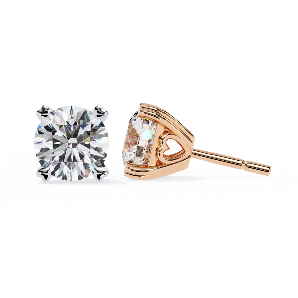 Rose Gold Heart Basket Solitaire Diamond Stud Earrings