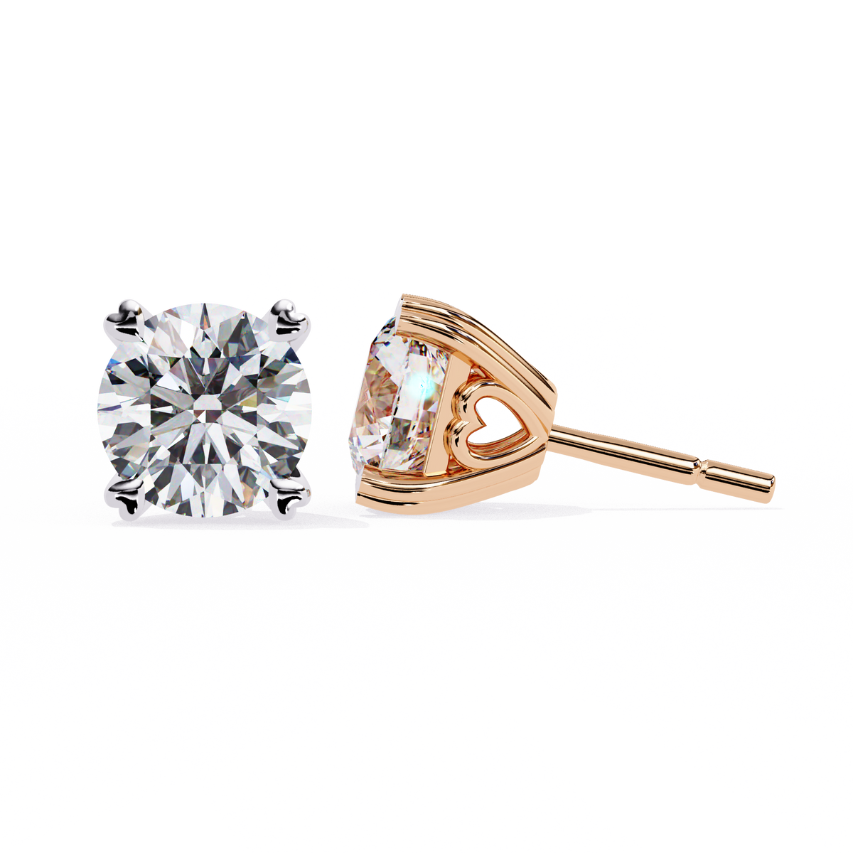 Rose Gold Heart Basket Solitaire Diamond Stud Earrings