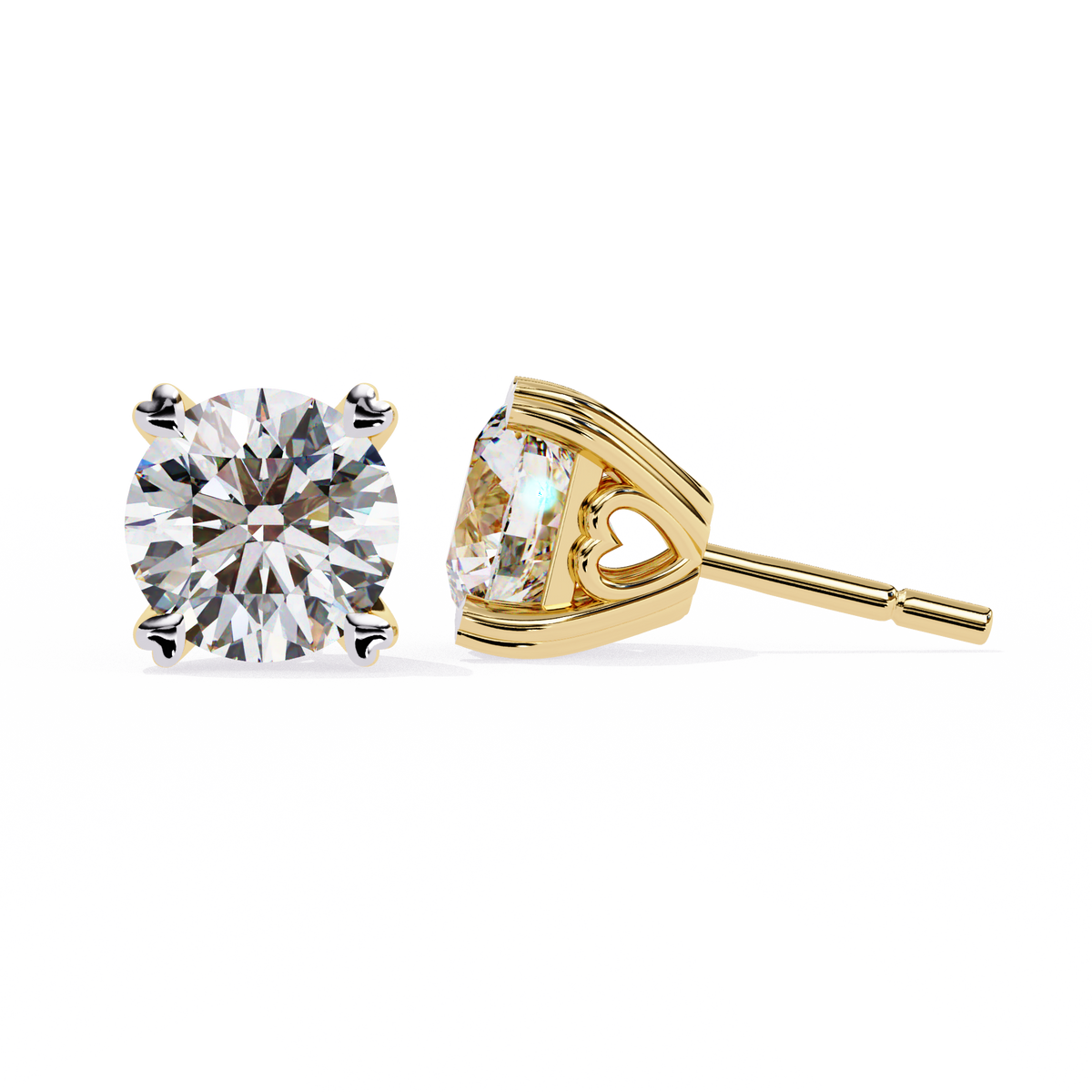 Yellow Gold Round Brilliant Diamond Heart Gallery Stud Earring