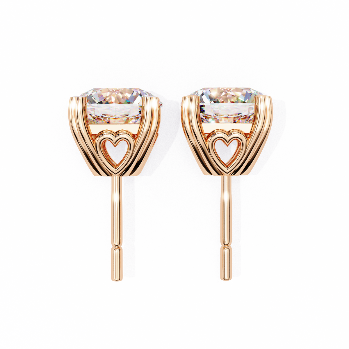 Rose Gold Heart Basket Solitaire Diamond Stud Earrings