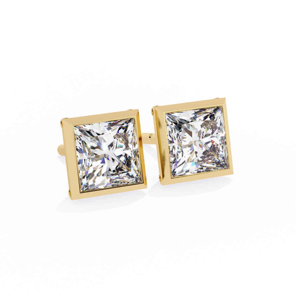 Yellow Gold Princess Cut Diamond Bezel Stud Earring