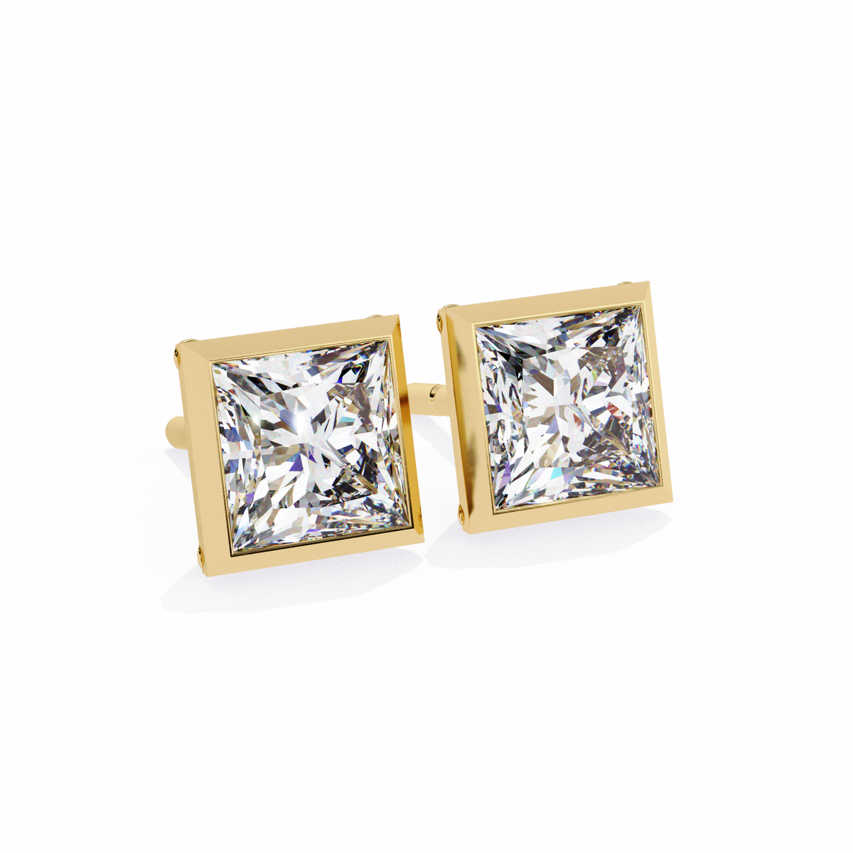Yellow Gold Princess Cut Diamond Bezel Stud Earring