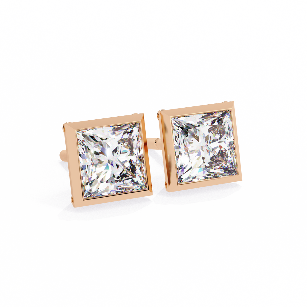 Rose Gold Bezel-Set Princess Cut Diamond Stud Earrings