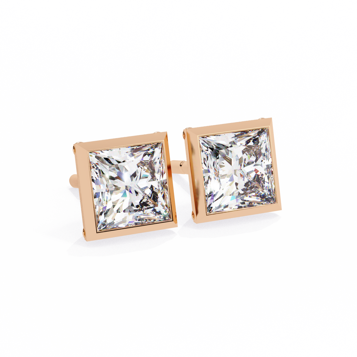 Rose Gold Bezel-Set Princess Cut Diamond Stud Earrings