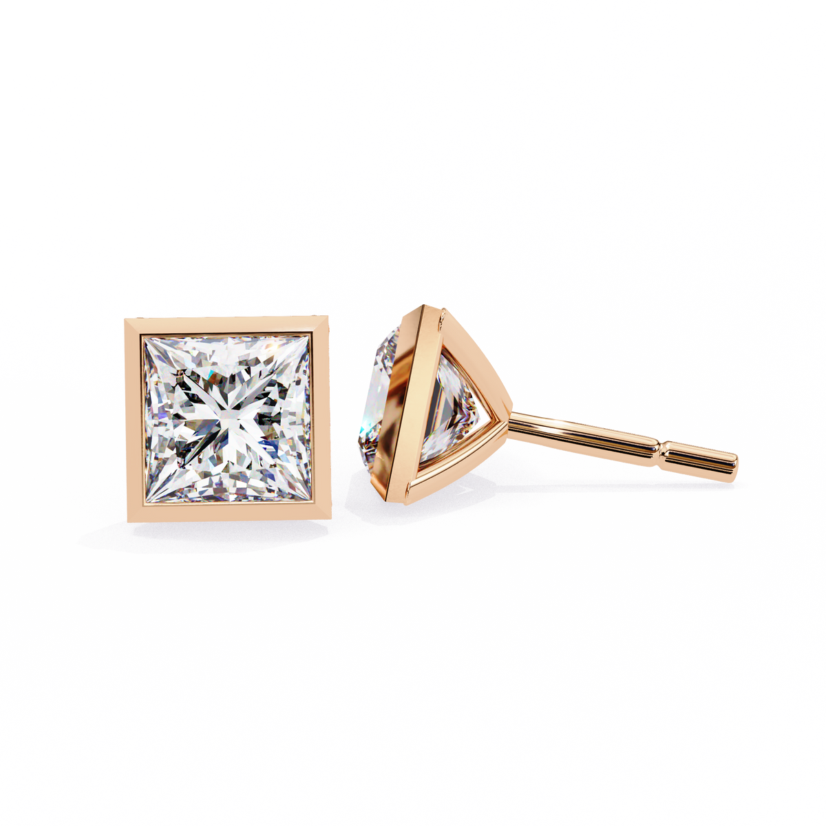Rose Gold Bezel-Set Princess Cut Diamond Stud Earrings