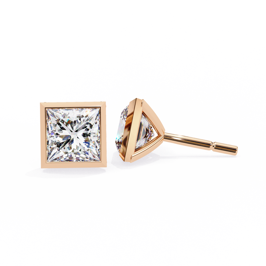 Rose Gold Bezel-Set Princess Cut Diamond Stud Earrings