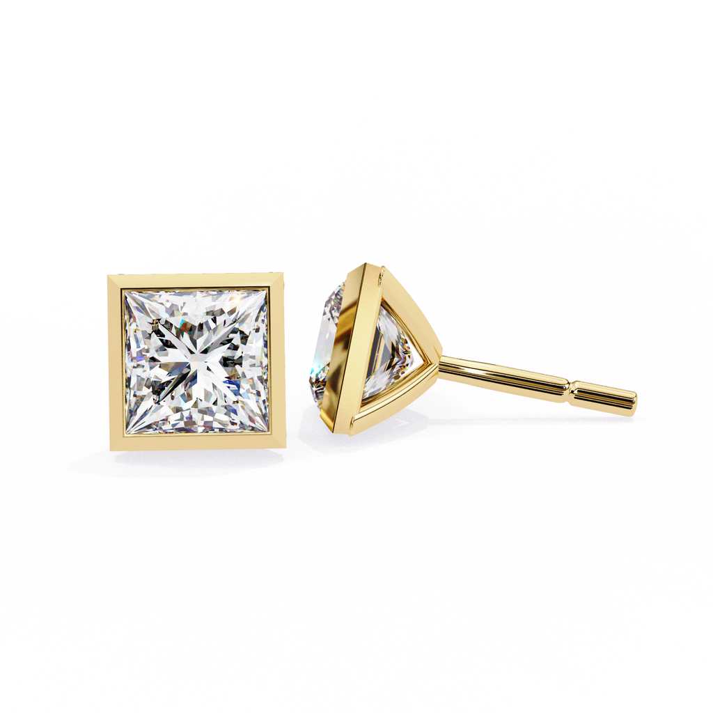 Yellow Gold Princess Cut Diamond Bezel Stud Earring