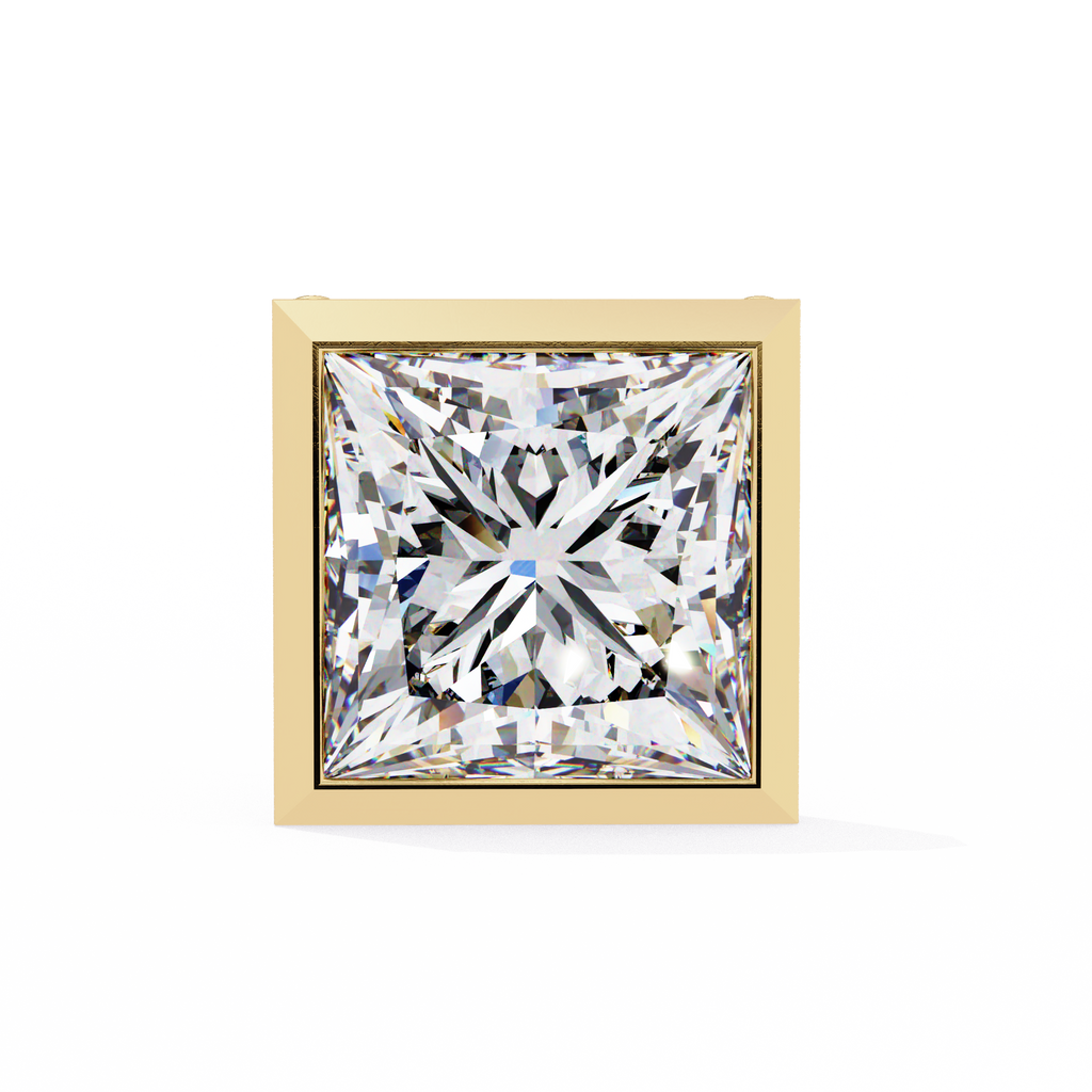 Yellow Gold Princess Cut Diamond Bezel Stud Earring