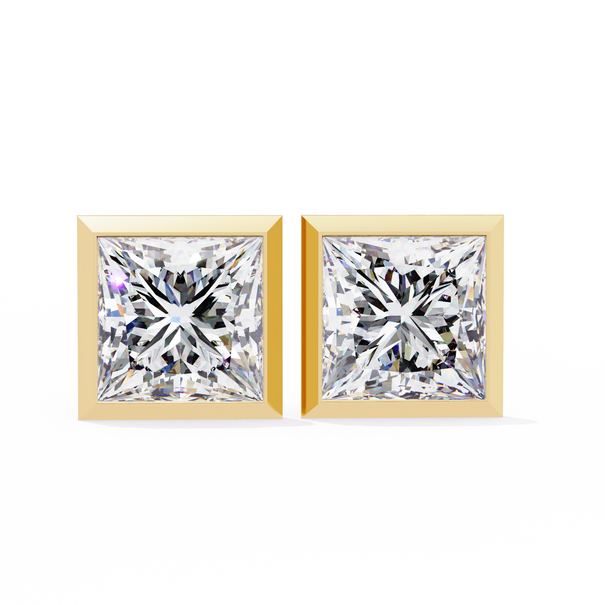 Yellow Gold Princess Cut Diamond Bezel Stud Earring