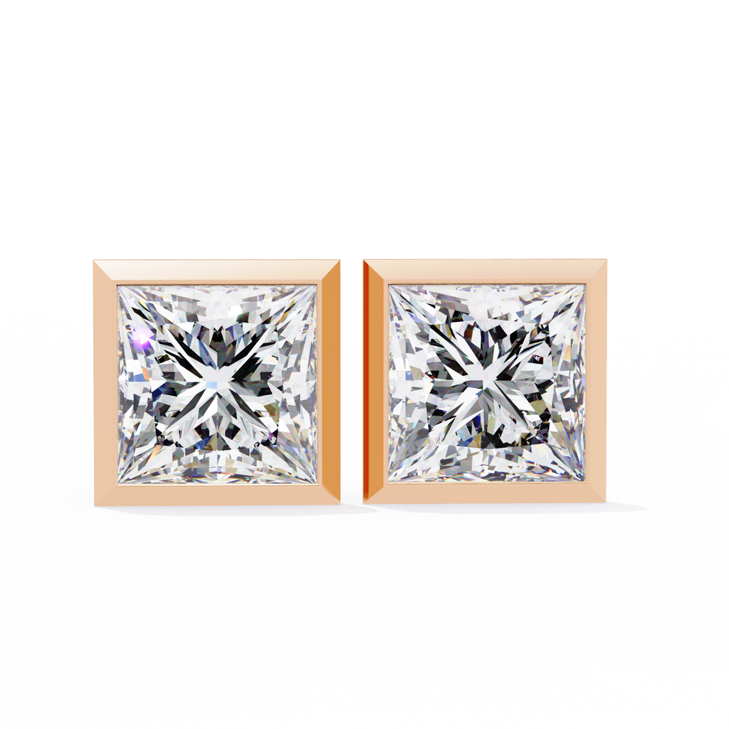 Rose Gold Bezel-Set Princess Cut Diamond Stud Earrings