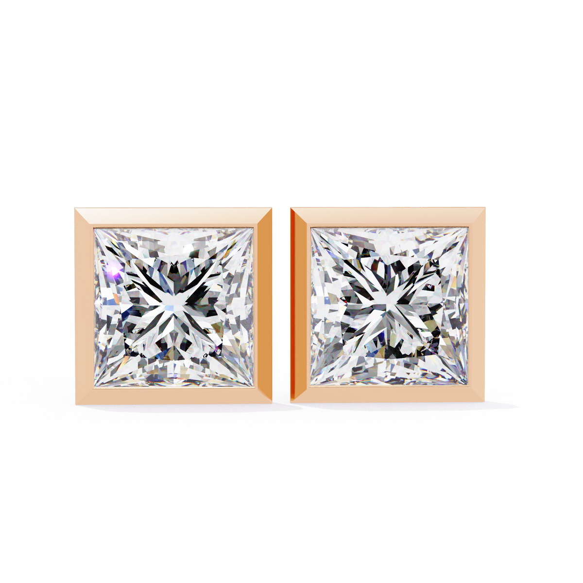 Rose Gold Bezel-Set Princess Cut Diamond Stud Earrings