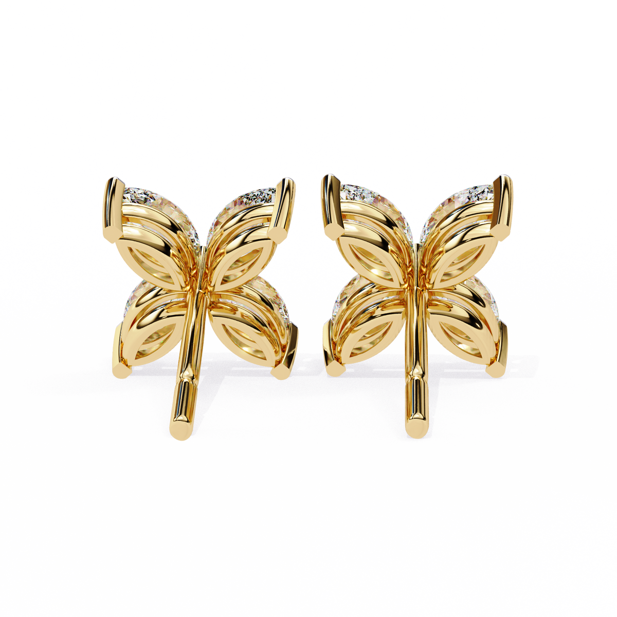 Yellow Gold Four-Petal Marquise Diamond Flower Stud Earring