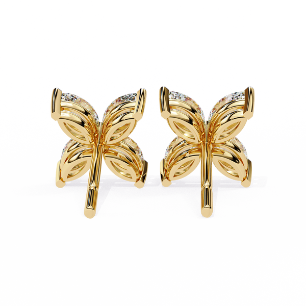 Gold Four-Petal Marquise Diamond Flower Stud Earring