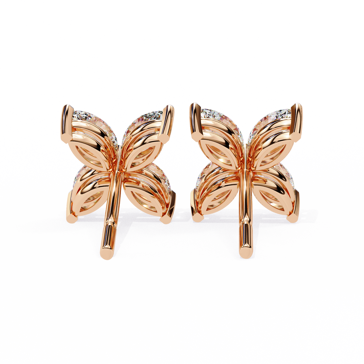 Rose Gold Ribbed-Wing Marquise Diamond Butterfly Stud Earrings