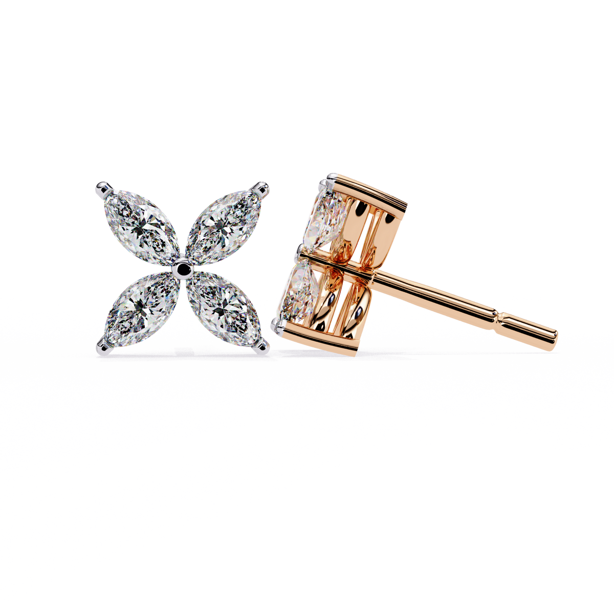 Rose Gold Ribbed-Wing Marquise Diamond Butterfly Stud Earrings