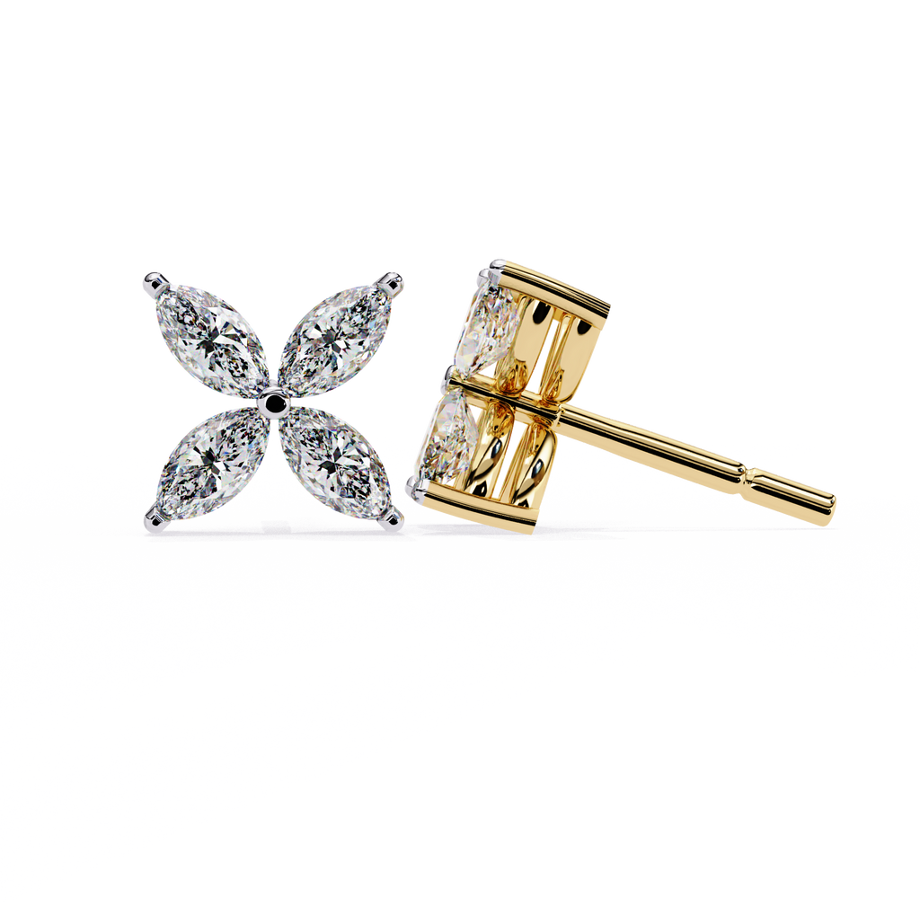 Yellow Gold Four-Petal Marquise Diamond Flower Stud Earring