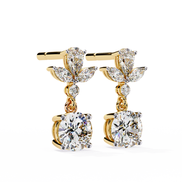 Gold Floral Crown & Round Brilliant Diamond Drop Earring