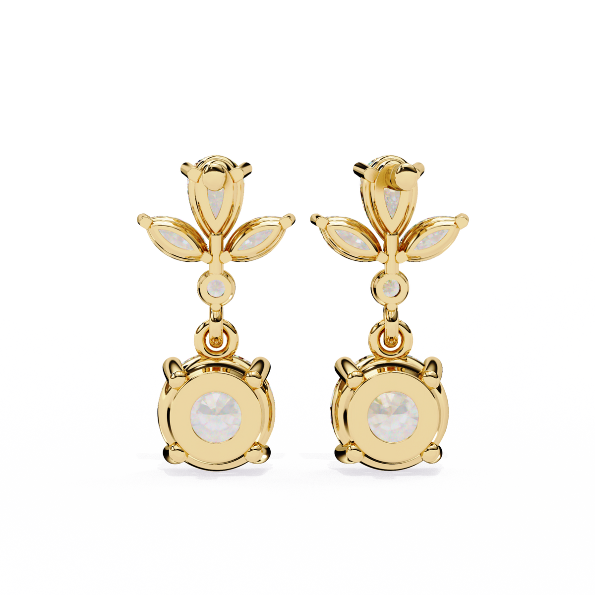 Yellow Gold Floral Crown & Round Brilliant Diamond Drop Earring