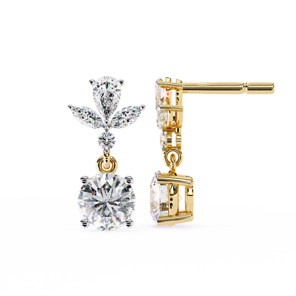 Yellow Gold Floral Crown & Round Brilliant Diamond Drop Earring