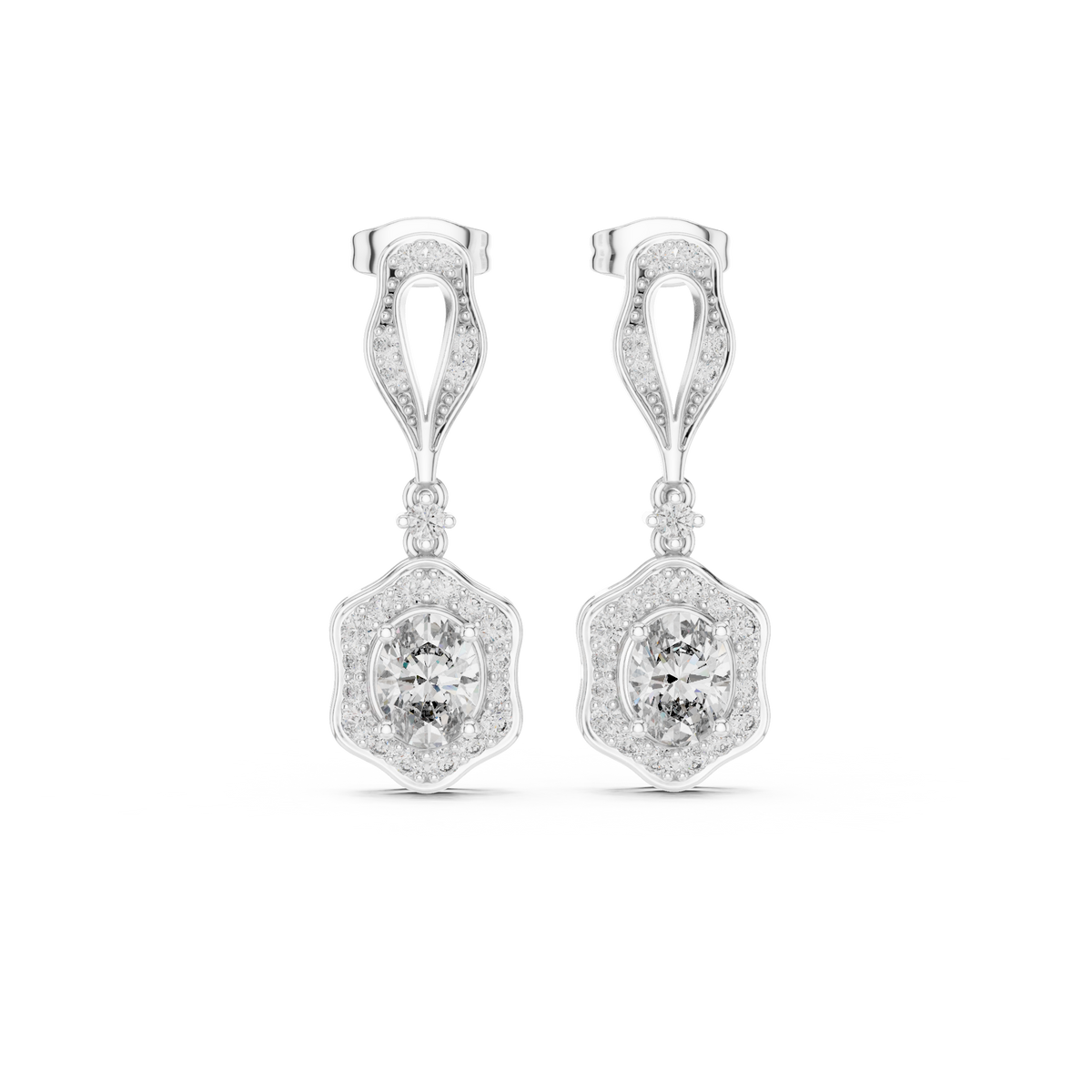 Oval Halo Drop Earrings with Colour Stone & Diamonds