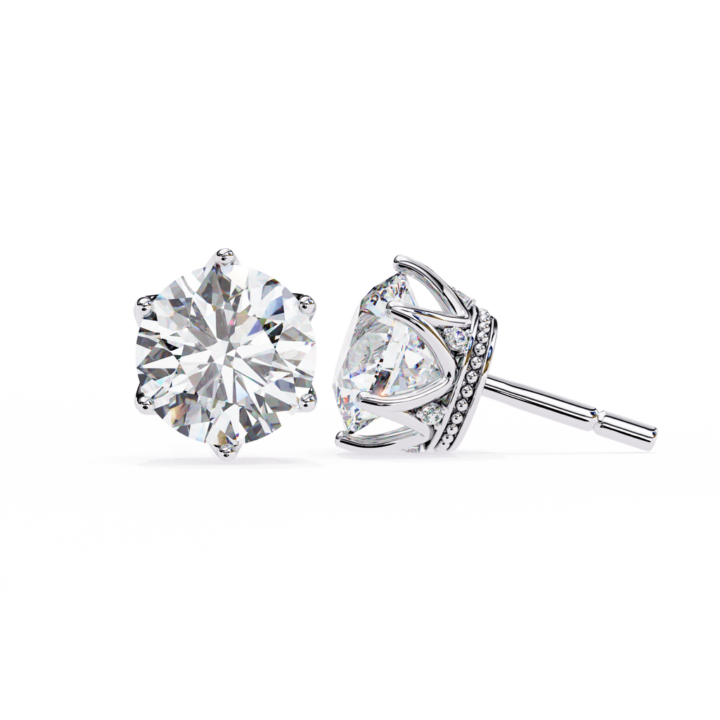 White Gold Six-Prong Crown Round Diamond Stud Earrings