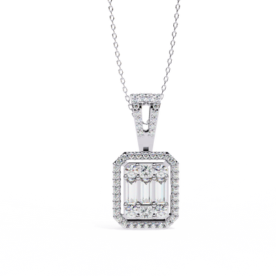 White Gold Baguette & Round Brilliant Cluster Halo Diamond Pendant