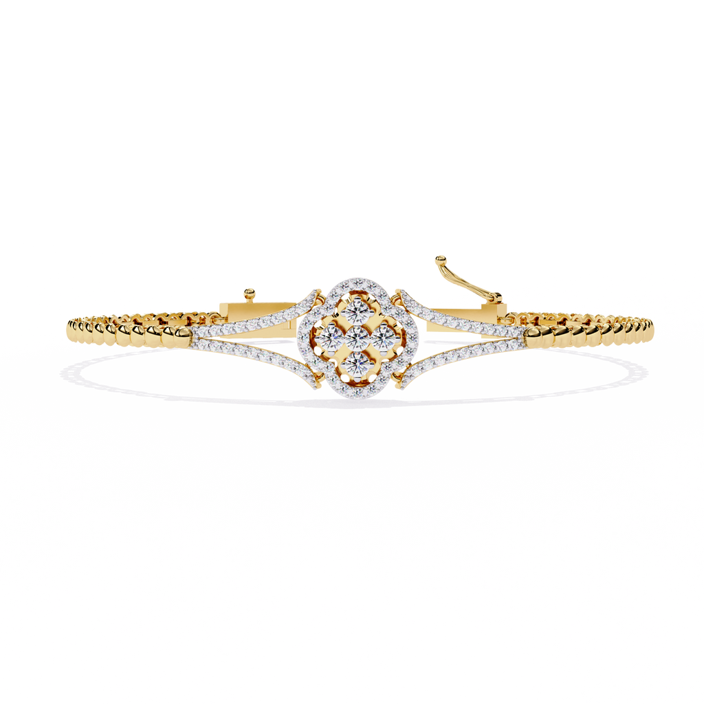 Yellow Gold Clover Halo Swirl Diamond Bracelet