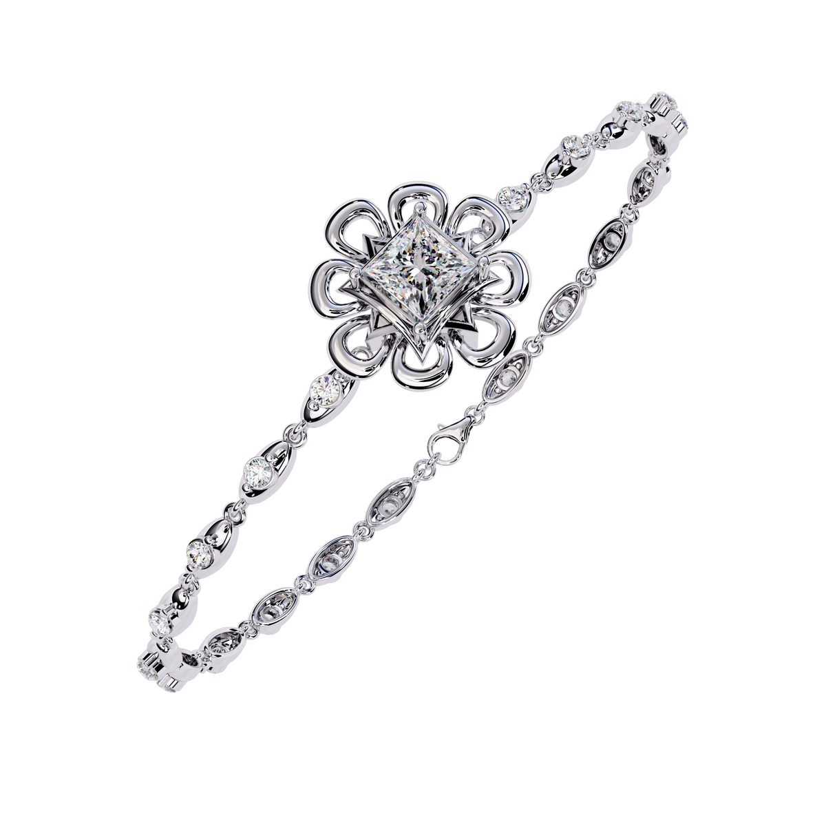 White Gold Princess-Cut Floral Diamond Bracelet