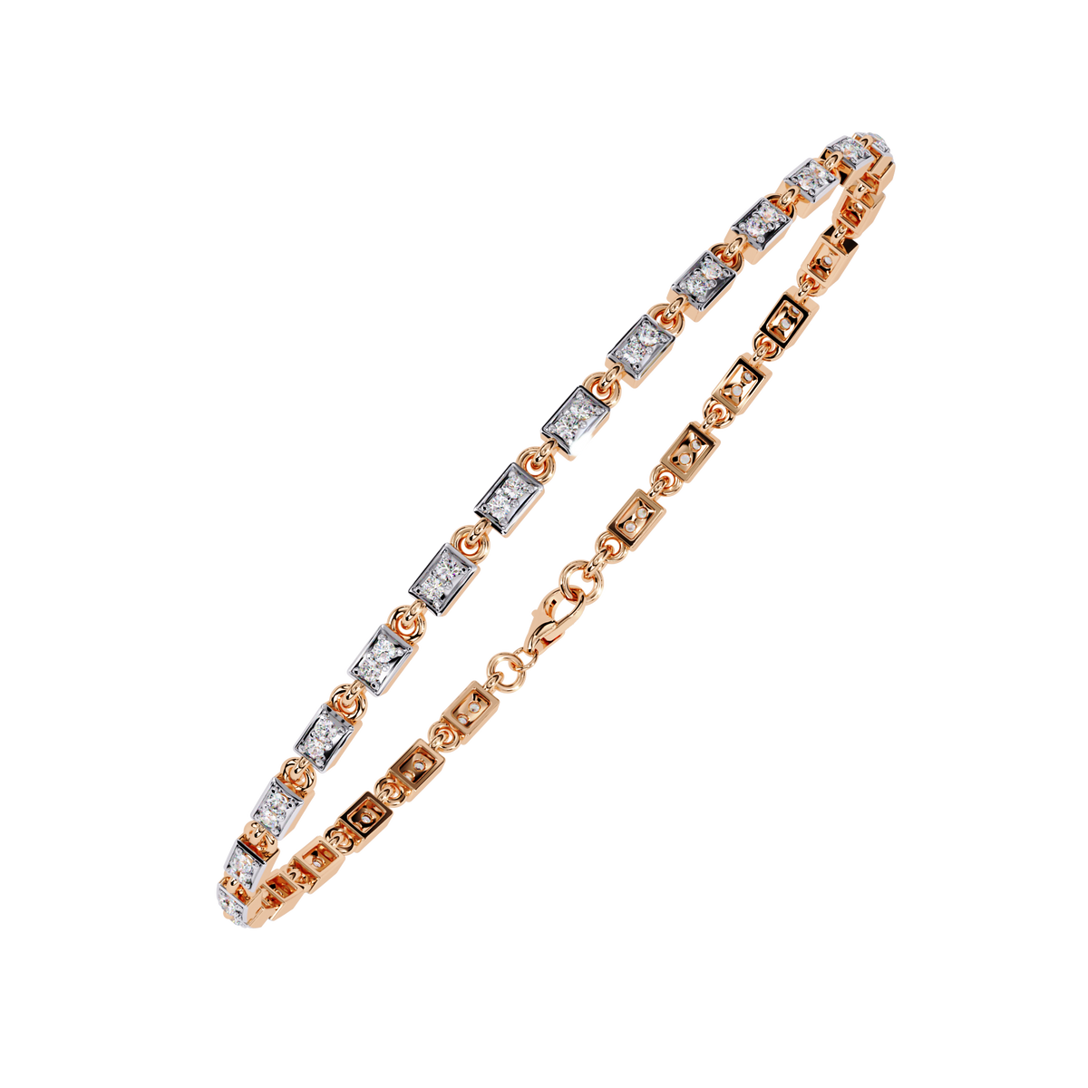 Rose Gold Baguette & Round Alternating Link Diamond Bracelet