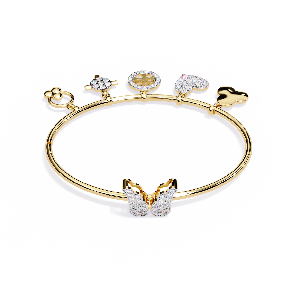 Yellow Gold Charm Bangle with Butterfly Clasp