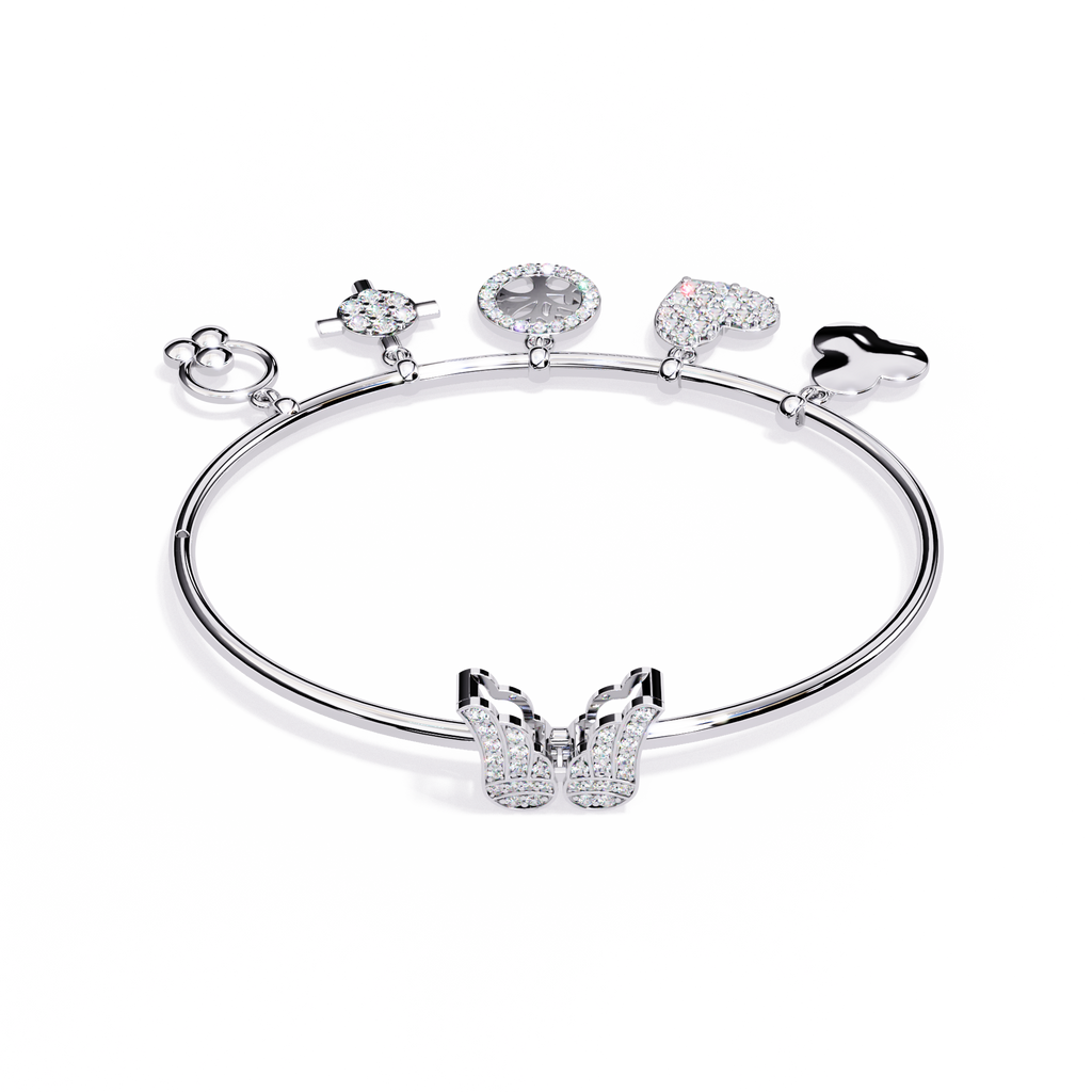 White Gold Charm Bracelet with Butterfly Clasp