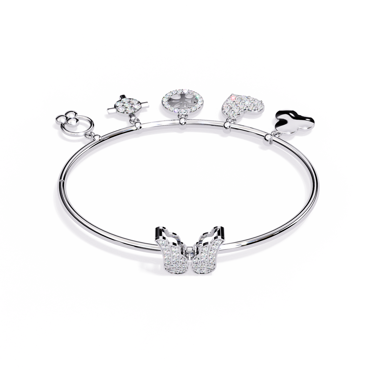 White Gold Charm Bracelet with Butterfly Clasp