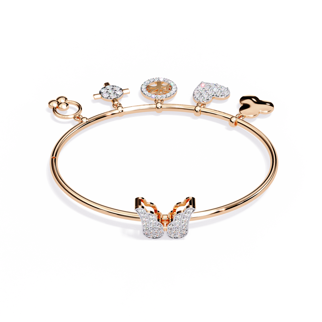 Rose Gold Butterfly Charm Diamond Bangle Bracelet
