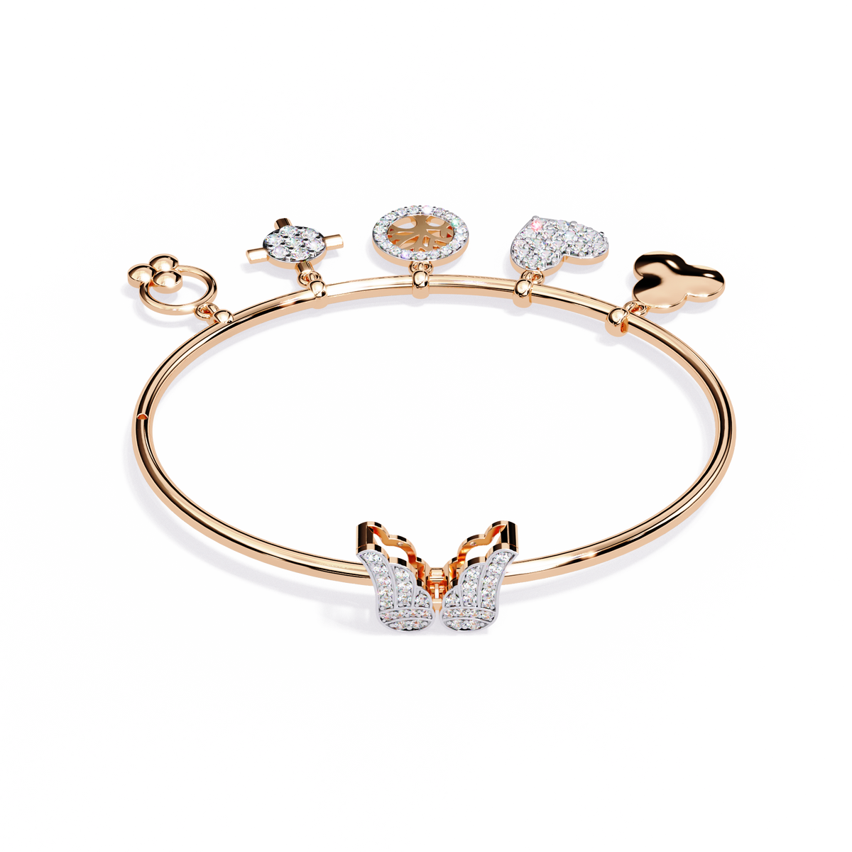 Rose Gold Butterfly Charm Diamond Bangle Bracelet