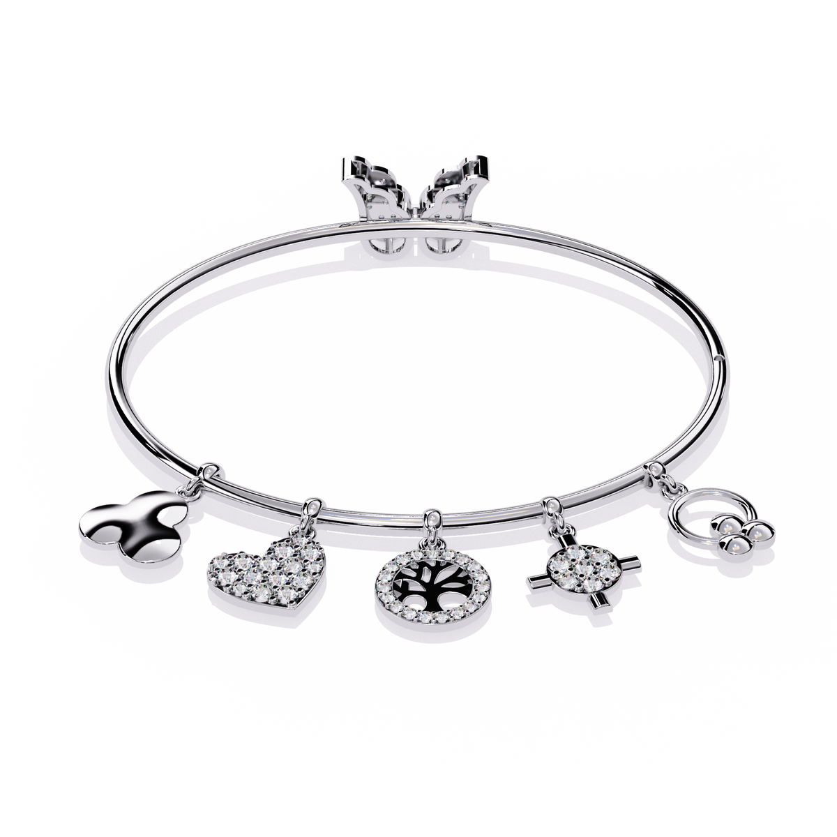 White Gold Charm Bracelet with Butterfly Clasp