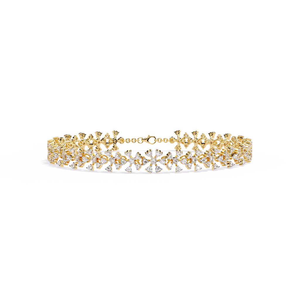 Yellow Gold Diamond Flower Cluster Wide Bracelet