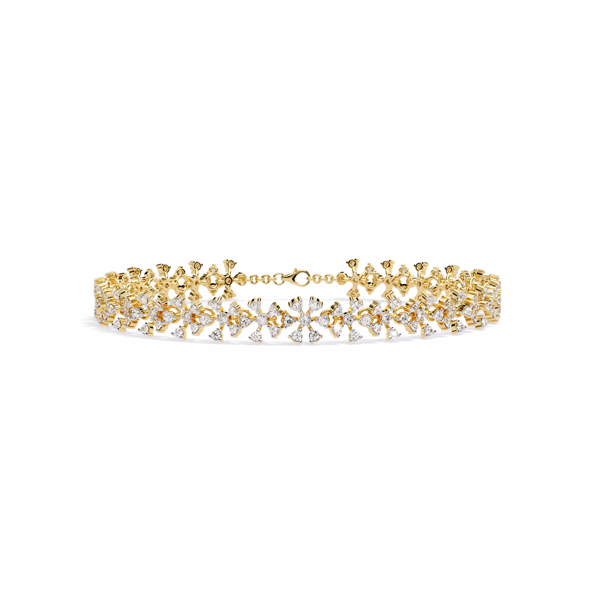 Yellow Gold Diamond Flower Cluster Wide Bracelet