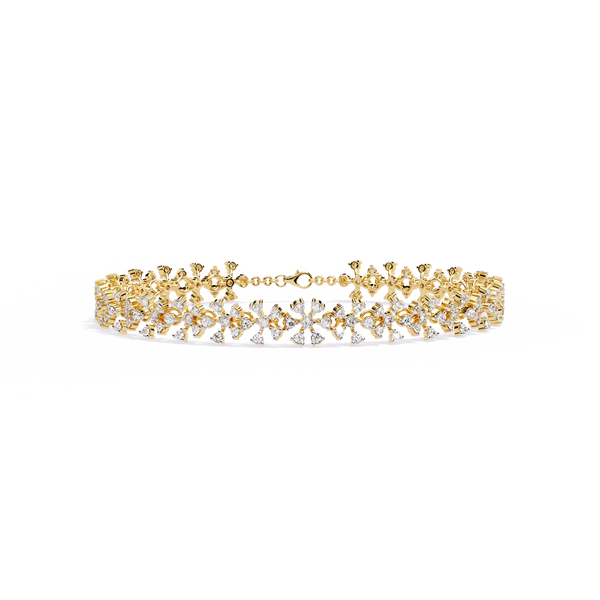 Yellow Gold Diamond Flower Cluster Wide Bracelet