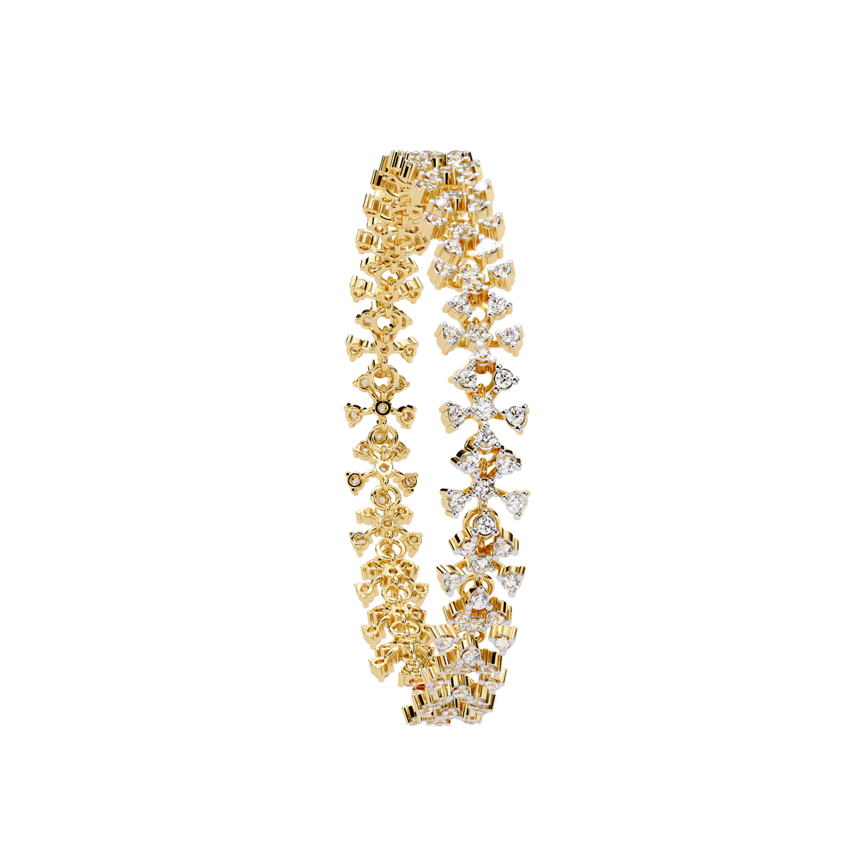 Yellow Gold Diamond Flower Cluster Wide Bracelet