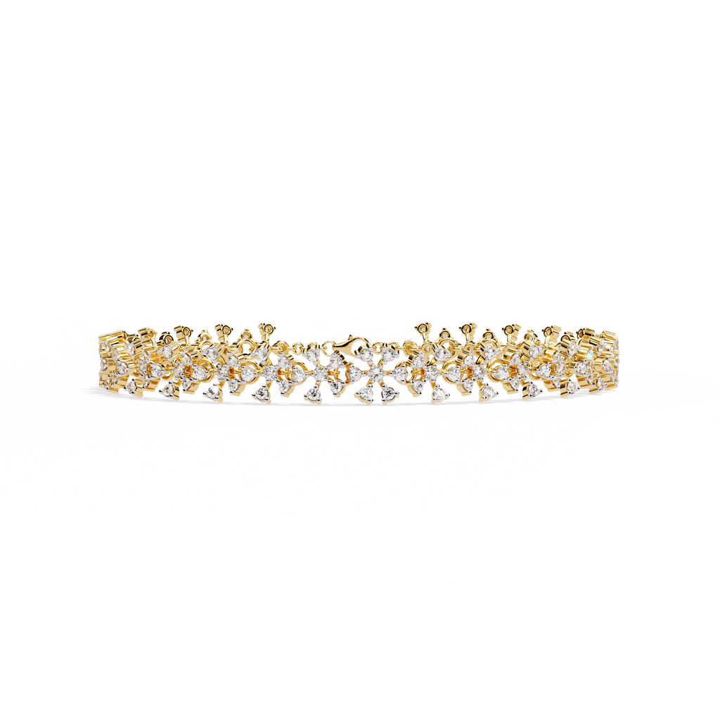 Yellow Gold Diamond Flower Cluster Wide Bracelet