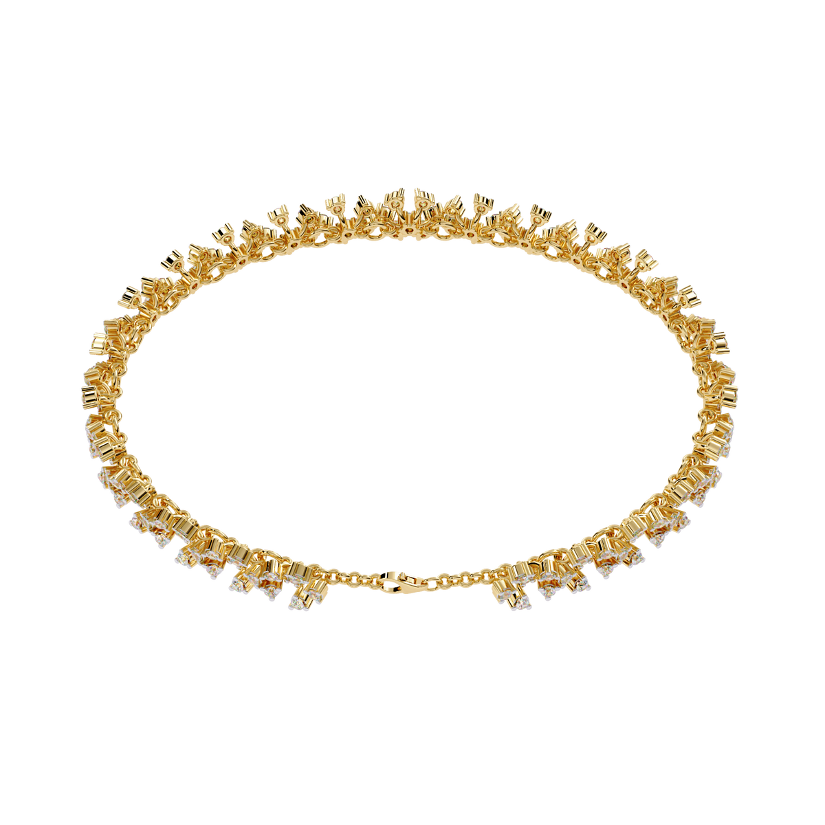 Yellow Gold Diamond Flower Cluster Wide Bracelet