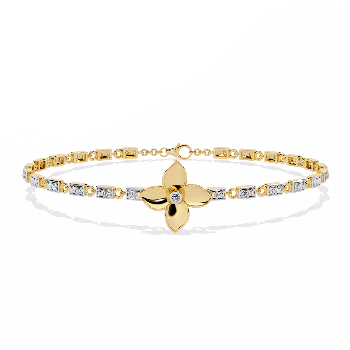 Yellow Gold Four-Petal Flower Station Link Bracelet