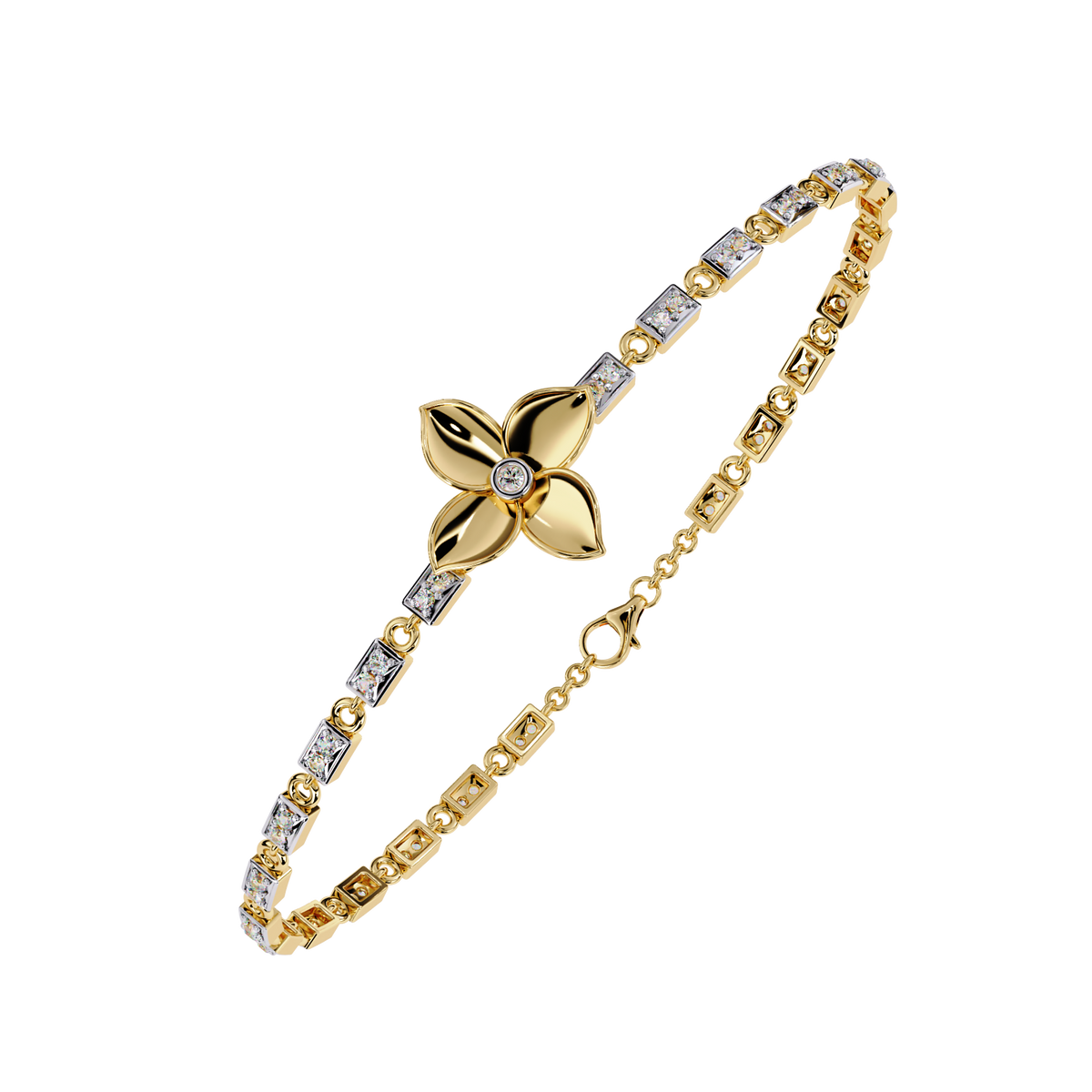 Yellow Gold Four-Petal Flower Station Link Bracelet