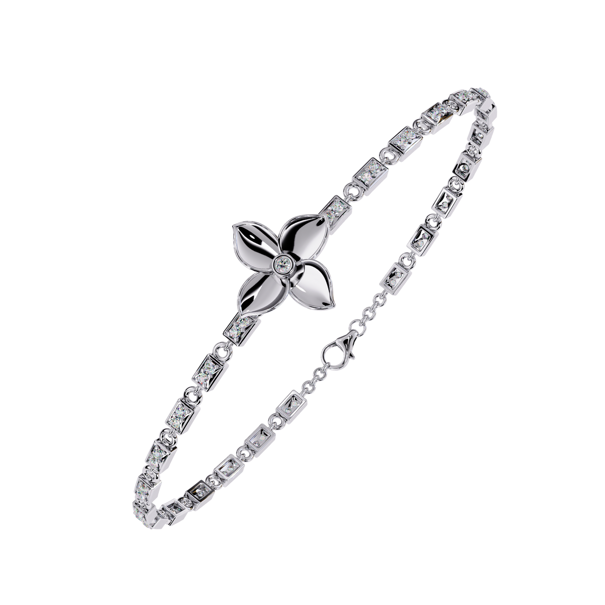 White Gold Diamond Four-Petal Flower Box Link Bracelet