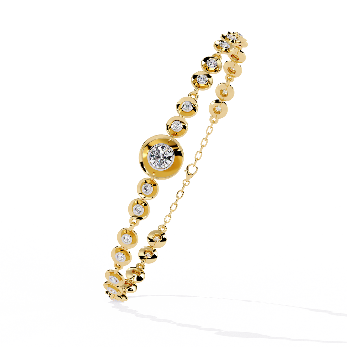 Yellow Gold Graduated Bezel Disc Diamond Bracelet