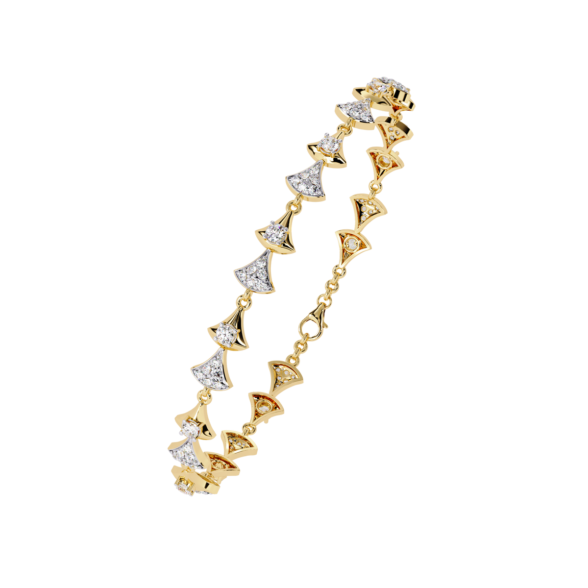 Yellow Gold Fan Link Alternating Diamond Bracelet