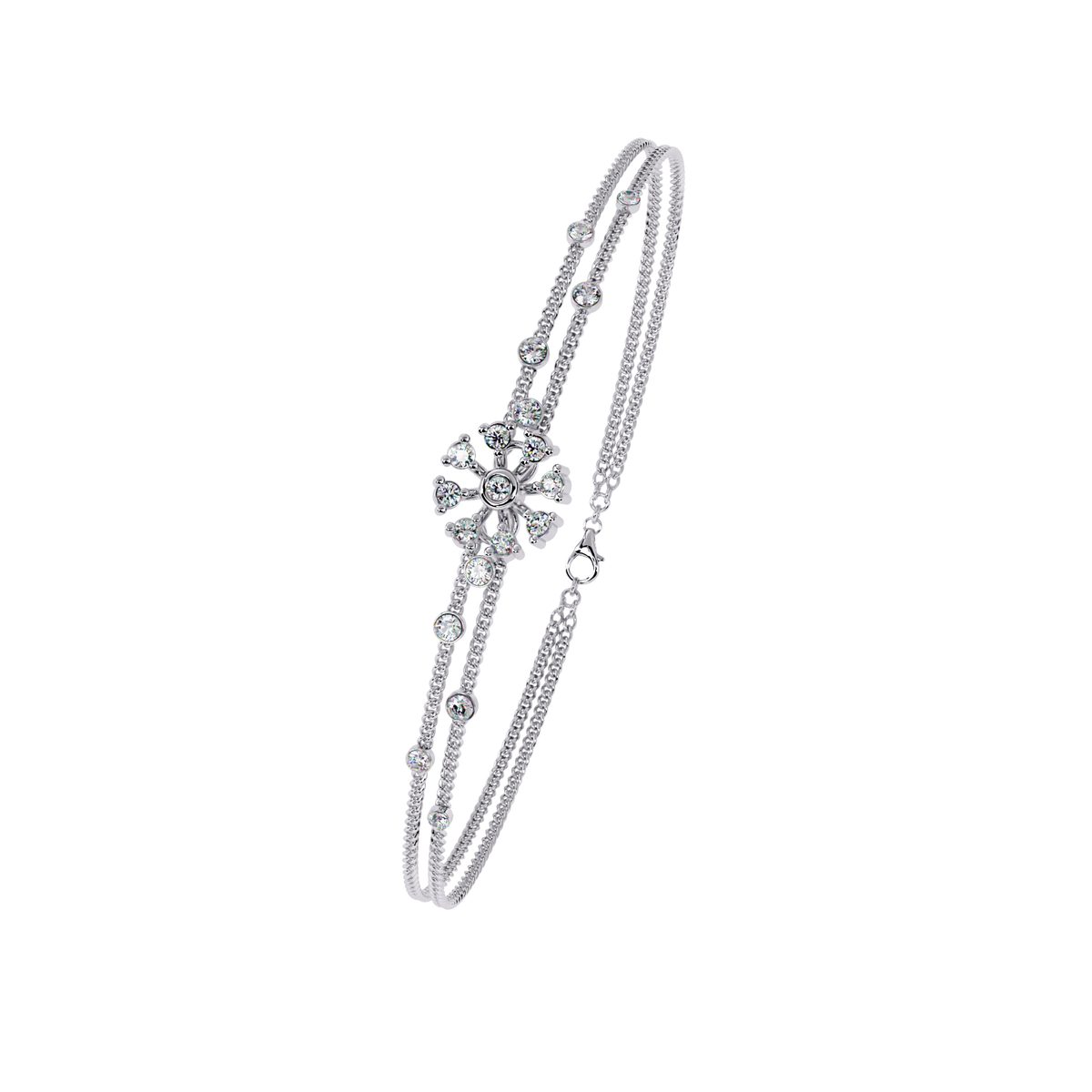 White Gold Diamond Pinwheel Flower Twisted Double Strand Bracelet