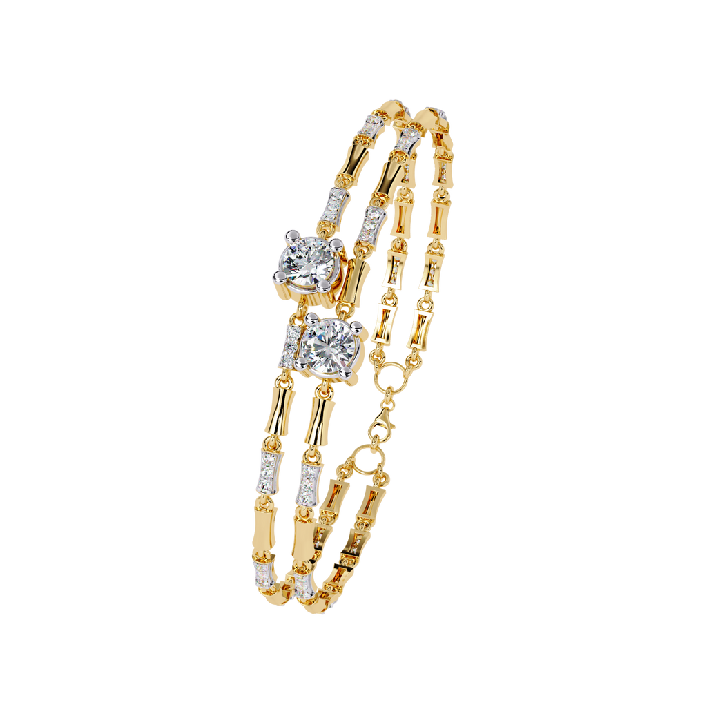 Yellow Gold Solitaire and Bamboo Bar Link Bracelet