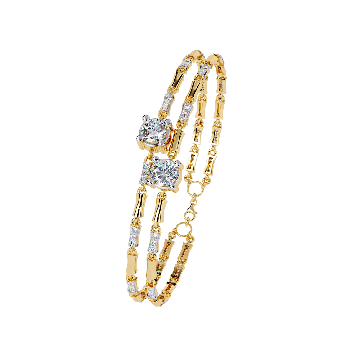 Yellow Gold Solitaire and Bamboo Bar Link Bracelet
